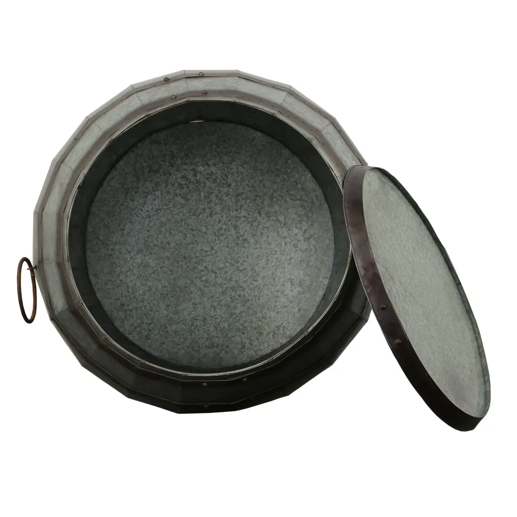 Drum Shape Metal Wine Storage Table with Removable Lid, Rustic Brown and Gray - BM82436